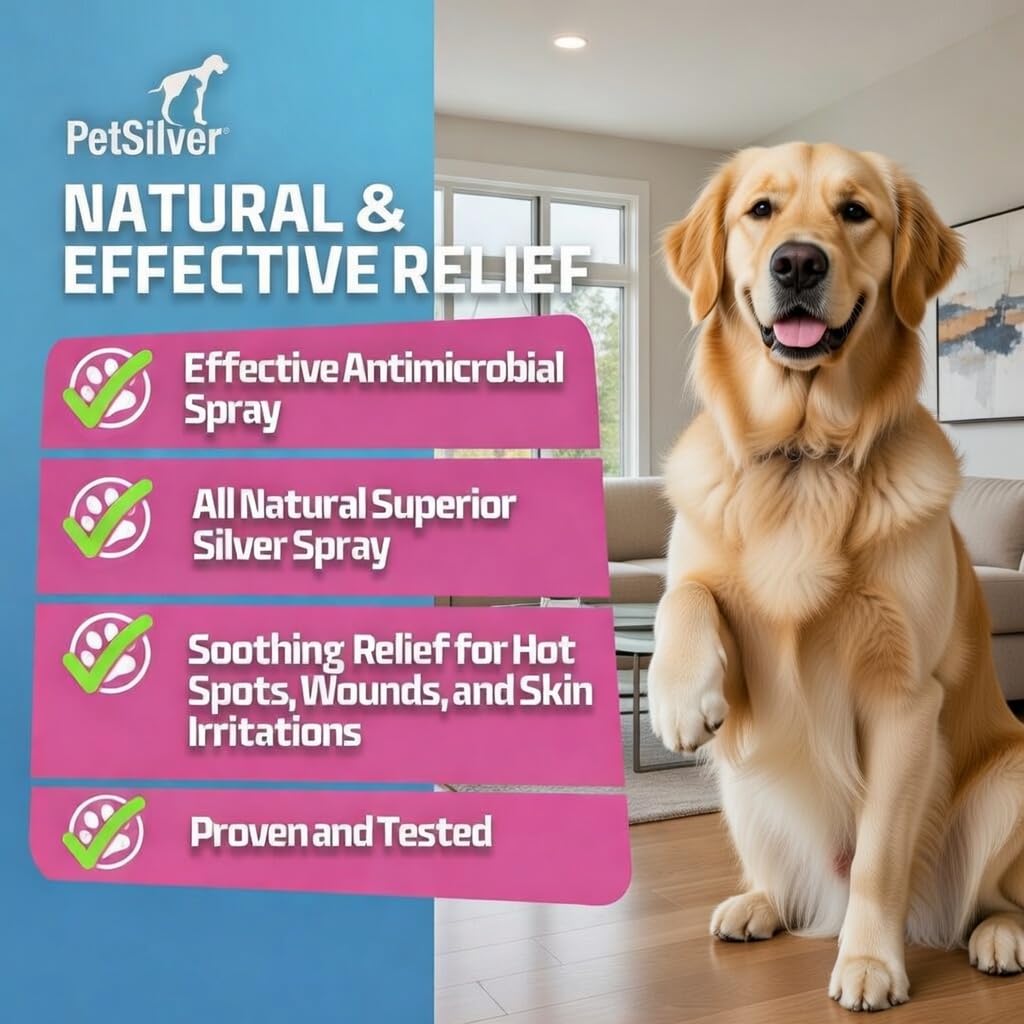 PetSilver Antibacterial Wound & Skin Spray | Dog Hot Spot Treatment & Cat Wound Spray | Chelated Silver Skin Soother for Rashes & Sores | Dog Wound Care & Itch Spray - 4 fl oz