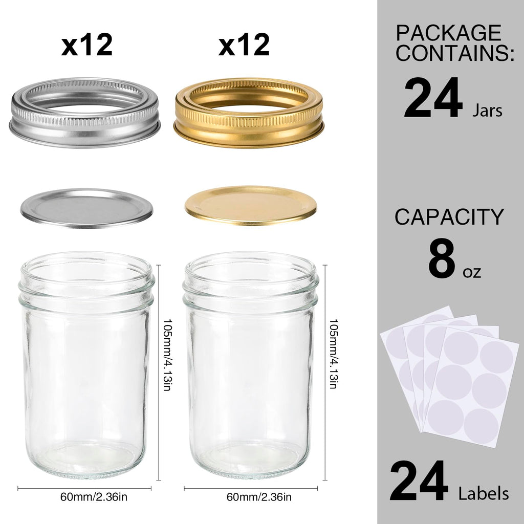 SPANLA Mason Jars 8 oz, 24 Pack Canning Jars 8 oz Half Pint Glass jars with Regular Lids and Bands, Small Mason Jars with Lids Ideal for Jelly Jam Honey Wedding Favors Shower Favors Food