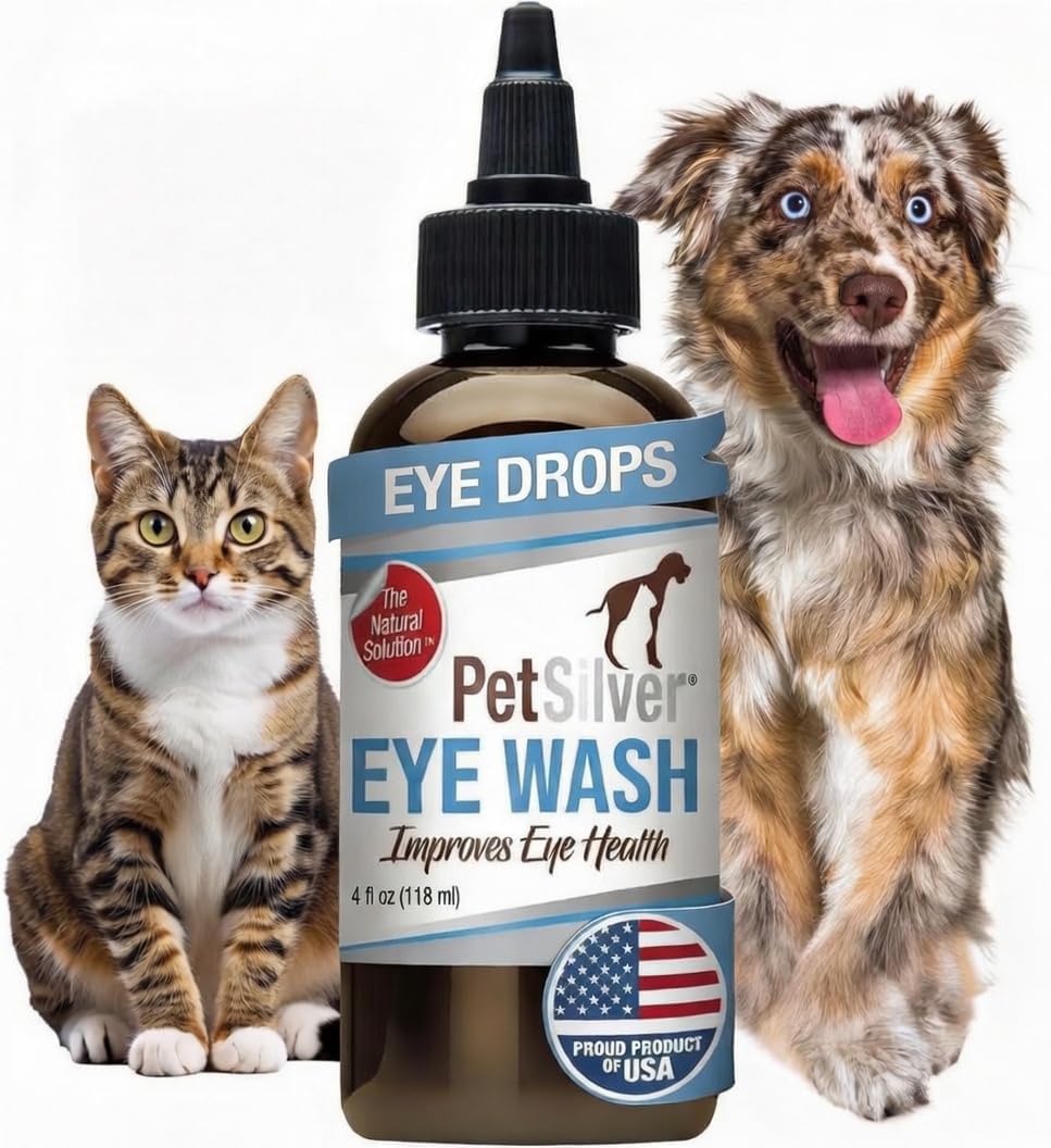 PetSilver Eye Drops for Dogs and Cats - Natural Dog Eye Wash - Relief for Inflammation & Irritation - Pet Eye Cleaner and Tear Stain Remover - Patented Silver Formula - Made in the USA - 4 fl oz