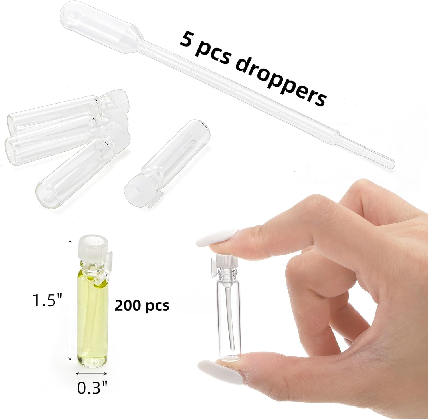 200Pcs Mini 1ml Clear Glass Perfume Sample Bottles with 5 Droppers, Empty Refillable Cologne Decant Bottles, Travel Tester Vials for Fragrance, Essential Oils, DIY Liquids