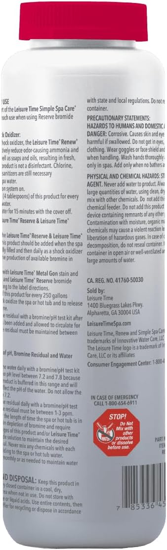 Leisure Time RENU2 Renew Non-Chlorine Shock Treatment, Non-Chlorine Oxidizer for Hot Tubs and Spas, Restores Water Clarity and Freshness, Gentle on Skin, 2.2 lbs