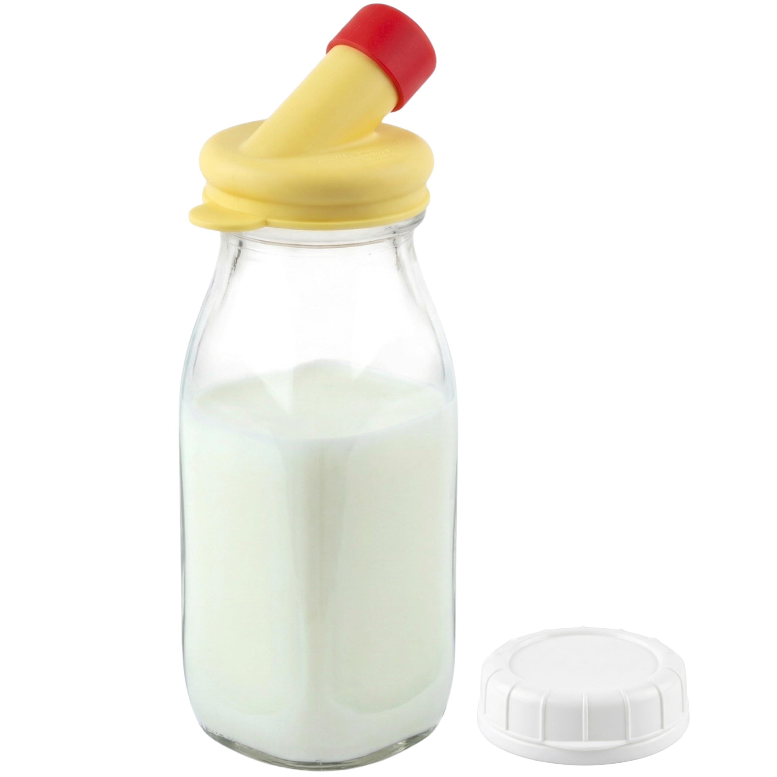 kitchentoolz Glass Creamer Bottle 12 Oz Square Glass Milk Bottle with Lids- Glass Bottles with Lids - Milk Container for Refrigerator - 12 Ounce Milk Bottle with Lid and Pour Spout