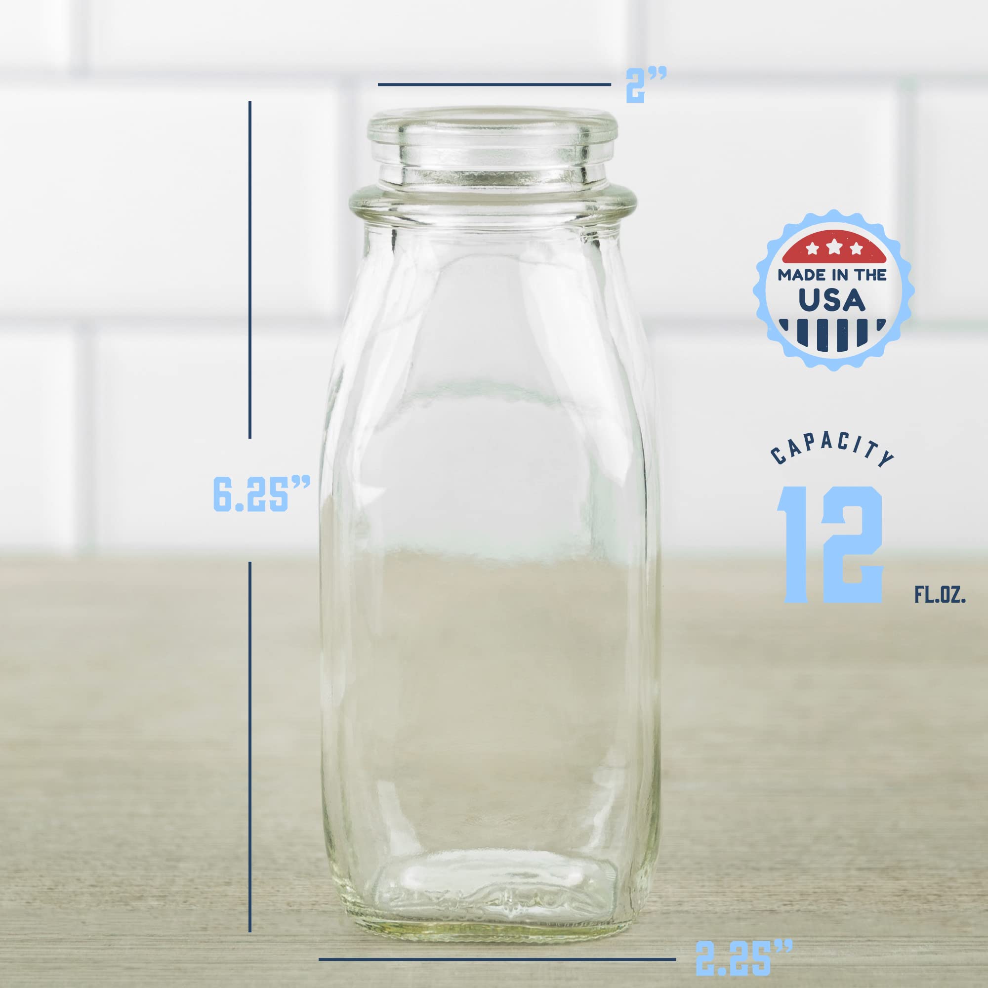 kitchentoolz Glass Creamer Bottle 12 Oz Square Glass Milk Bottle with Lids- Glass Bottles with Lids - Milk Container for Refrigerator - 12 Ounce Milk Bottle with Lid and Pour Spout