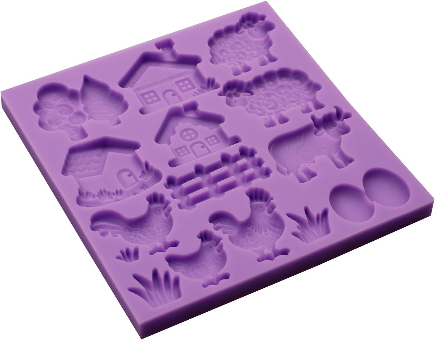 Farm Animal Silicone Mold, Lovely Cow Sheep Chicken Fondant Mold for House Design Cake Decorating Tool Biscuit Cookies Sugar Chocolate Hard Dessert Decor, 14 Cavity Baking Mold