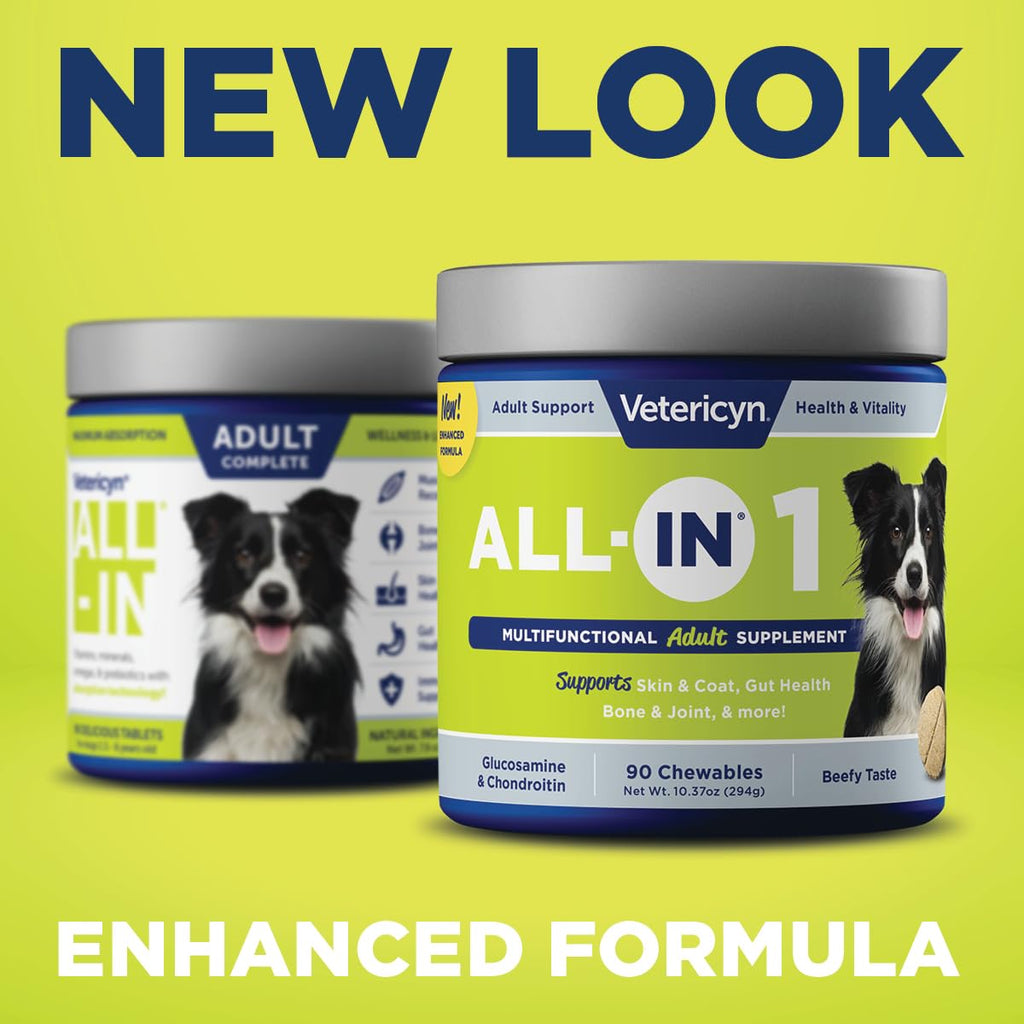 Vetericyn All-in 1 Multifunctional Senior Dog Supplement | Digestive Enzymes + Glucosamine Chondroitin for Hip and Joint Support + Vitamins, Antioxidants, Prebiotics, Probiotics, and Omegas. 90 Count