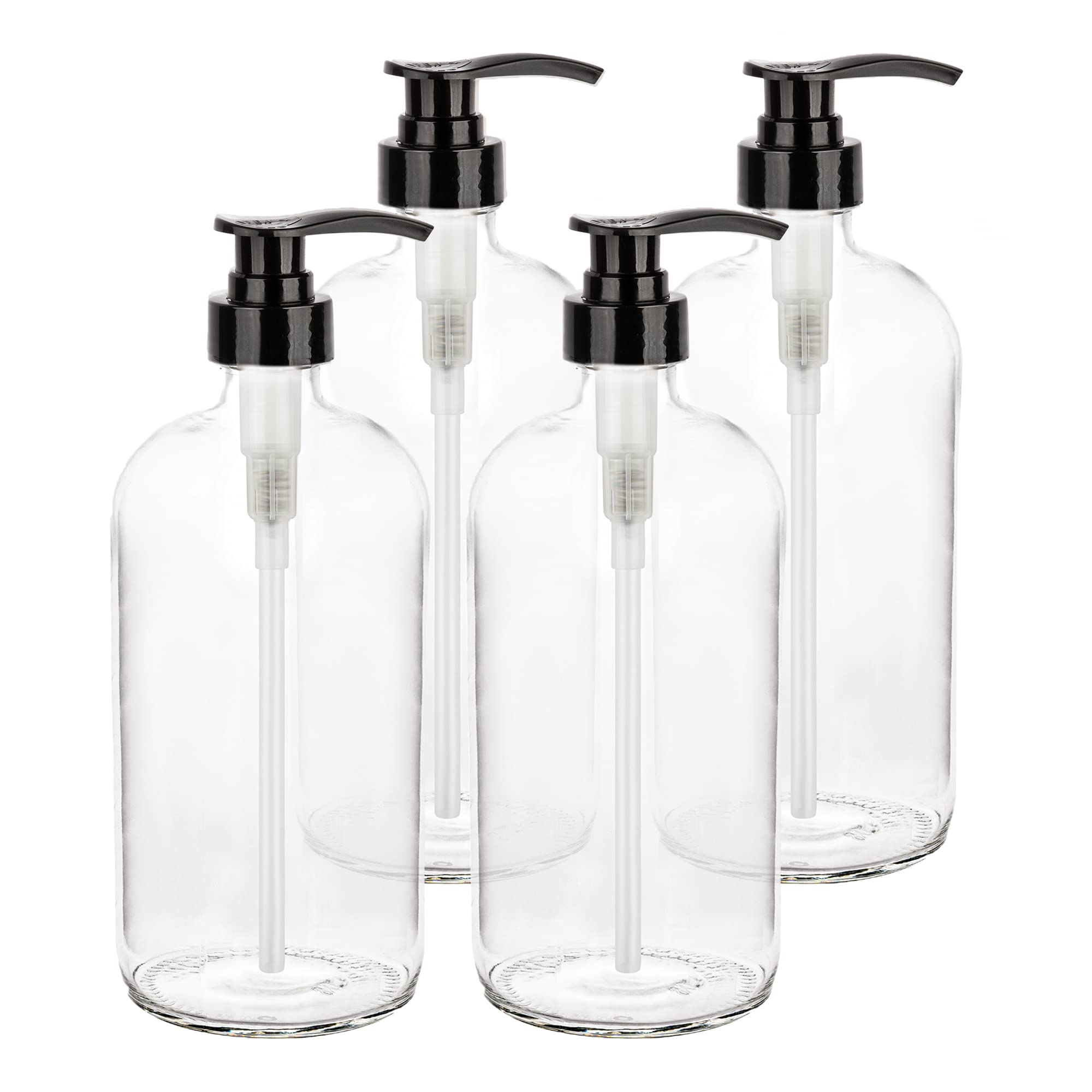 32-Ounce Pump Bottles, Large Clear Glass Boston Round Bottles w/Black Pumps. Great for Lotions, Laundry Soap Detergent, Oils, Sauces - Food Safe and Medical Grade - by kitchentoolz (Pack of 2)