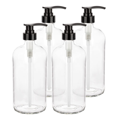 32-Ounce Pump Bottles, Large Clear Glass Boston Round Bottles w/Black Pumps. Great for Lotions, Laundry Soap Detergent, Oils, Sauces - Food Safe and Medical Grade - by kitchentoolz (Pack of 2)