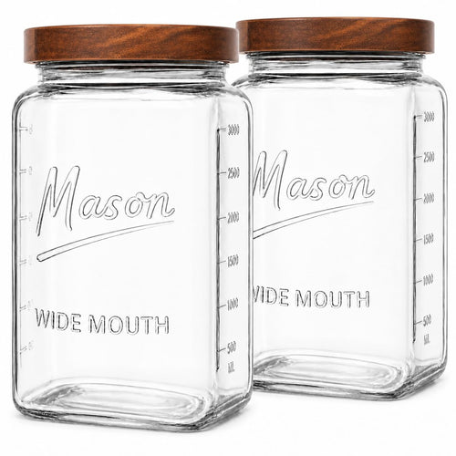 1 Gallon Glass Jars with Wooden Lids - Extra Large Mason Jars Wide Mouth with Airtight Wood Lids - Square Glass Storage Containers with Measurement Markings for Flour, Sugar & Pickling, 2 Pack