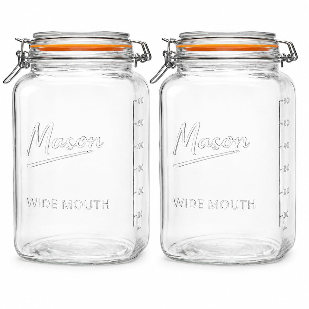 1 Gallon Glass Jars with Swing Top Lids - Extra Large Mason Jars Wide Mouth with Airtight Glass Clamp Lids - Square Glass Storage Containers with Measurements for Flour, Sugar & Pickling, 2 Pack