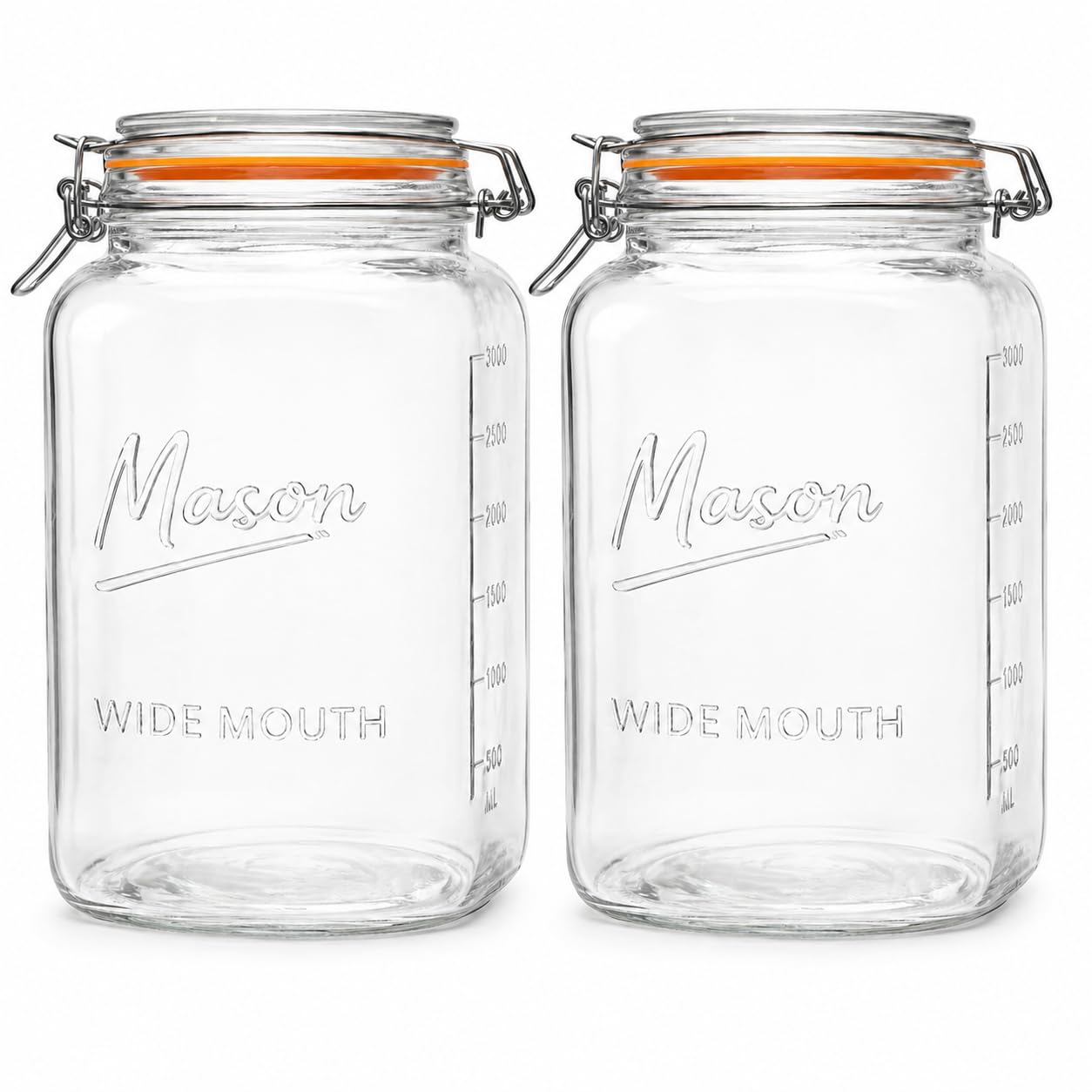 1 Gallon Glass Jars with Swing Top Lids - Extra Large Mason Jars Wide Mouth with Airtight Glass Clamp Lids - Square Glass Storage Containers with Measurements for Flour, Sugar & Pickling, 2 Pack