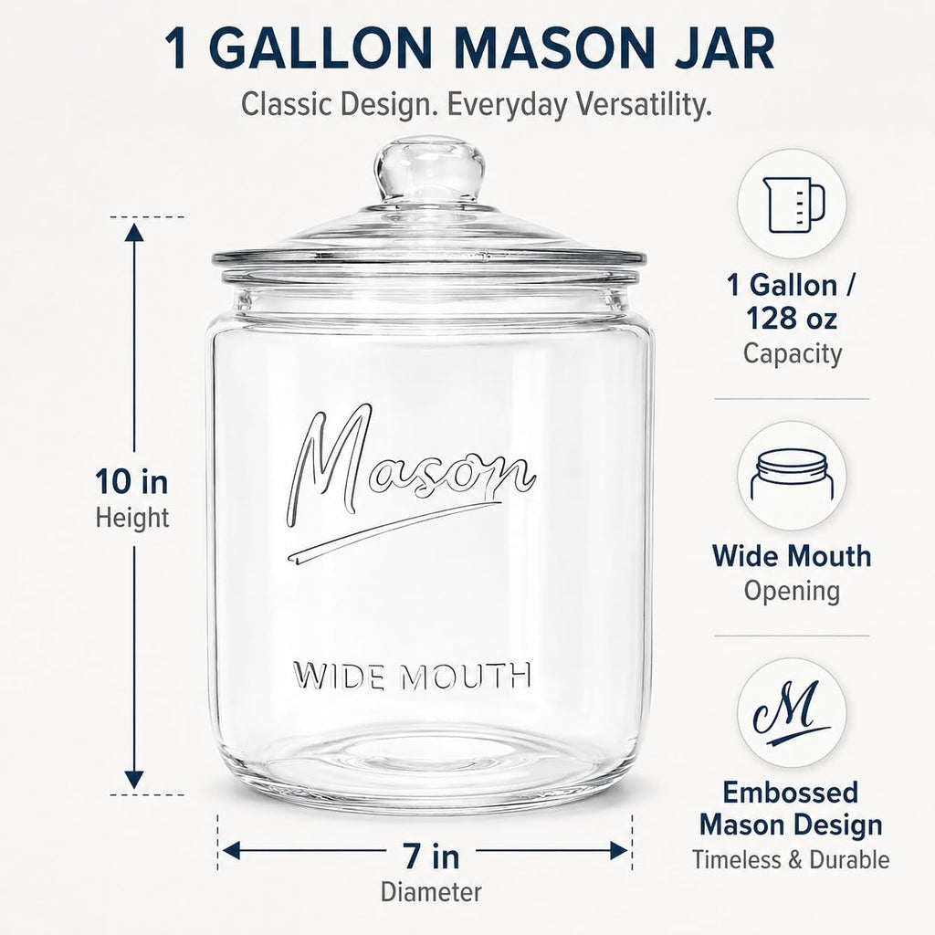 1 Gallon Mason Glass Jar with Lid – Wide Mouth Glass Storage Jar with Airtight Lid, Kitchen Pantry Container with Measurement Markings for Cookies, Candy, Flour Jar, Sugar & Dog Treats
