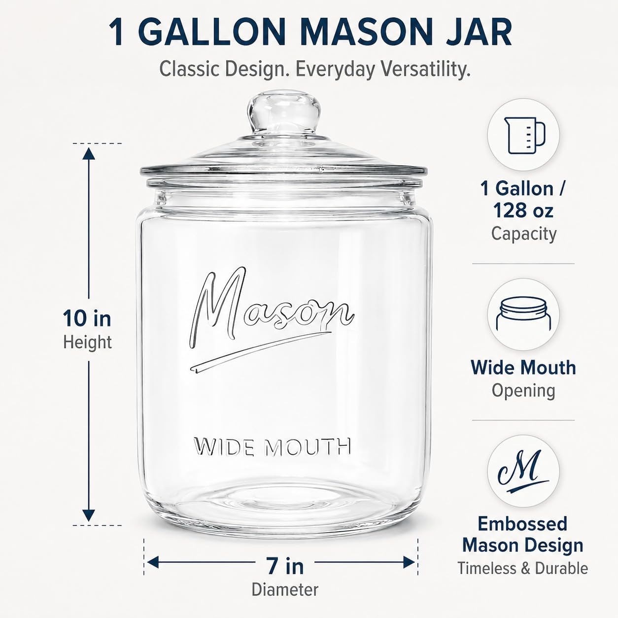 1 Gallon Mason Glass Jar with Lid – Wide Mouth Glass Storage Jar with Airtight Lid, Kitchen Pantry Container with Measurement Markings for Cookies, Candy, Flour Jar, Sugar & Dog Treats