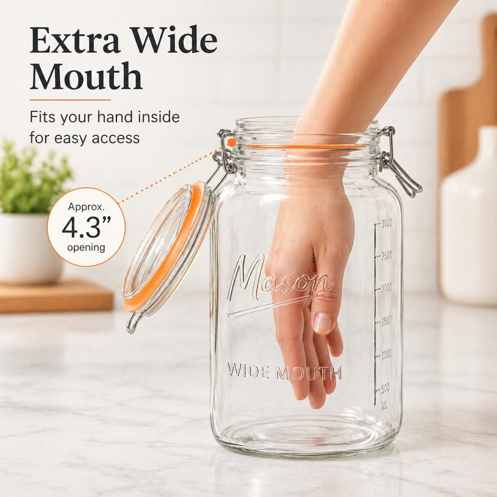 1 Gallon Glass Jars with Swing Top Lids - Extra Large Mason Jars Wide Mouth with Airtight Glass Clamp Lids - Square Glass Storage Containers with Measurements for Flour, Sugar & Pickling, 2 Pack