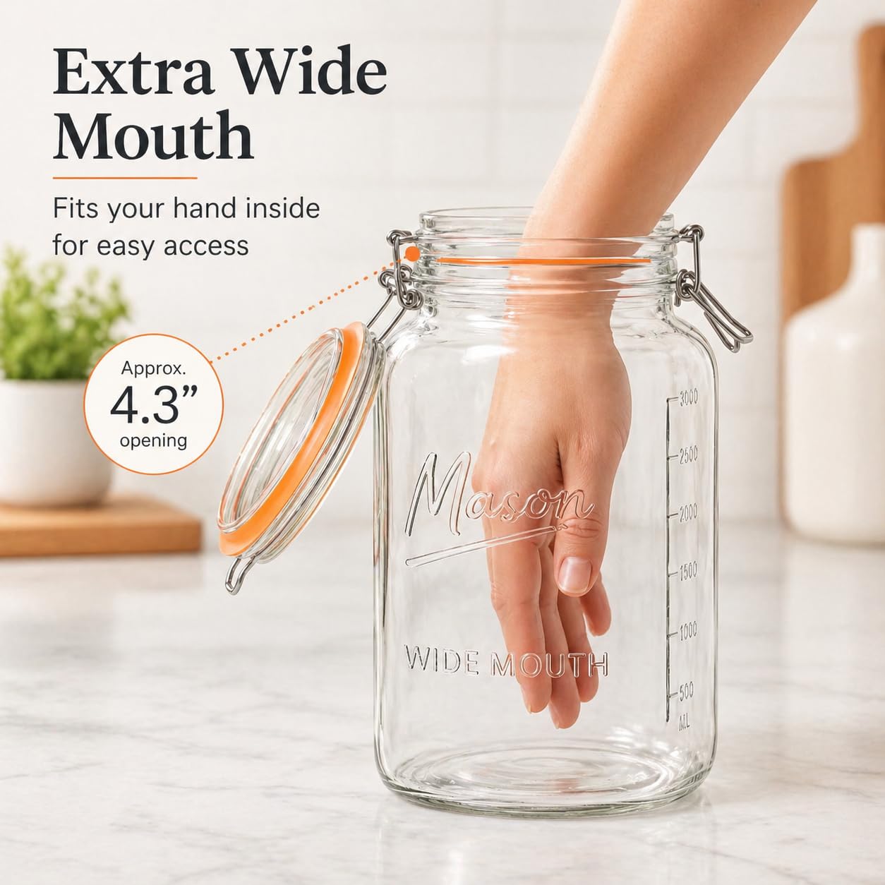 1 Gallon Glass Jars with Swing Top Lids - Extra Large Mason Jars Wide Mouth with Airtight Glass Clamp Lids - Square Glass Storage Containers with Measurements for Flour, Sugar & Pickling, 2 Pack