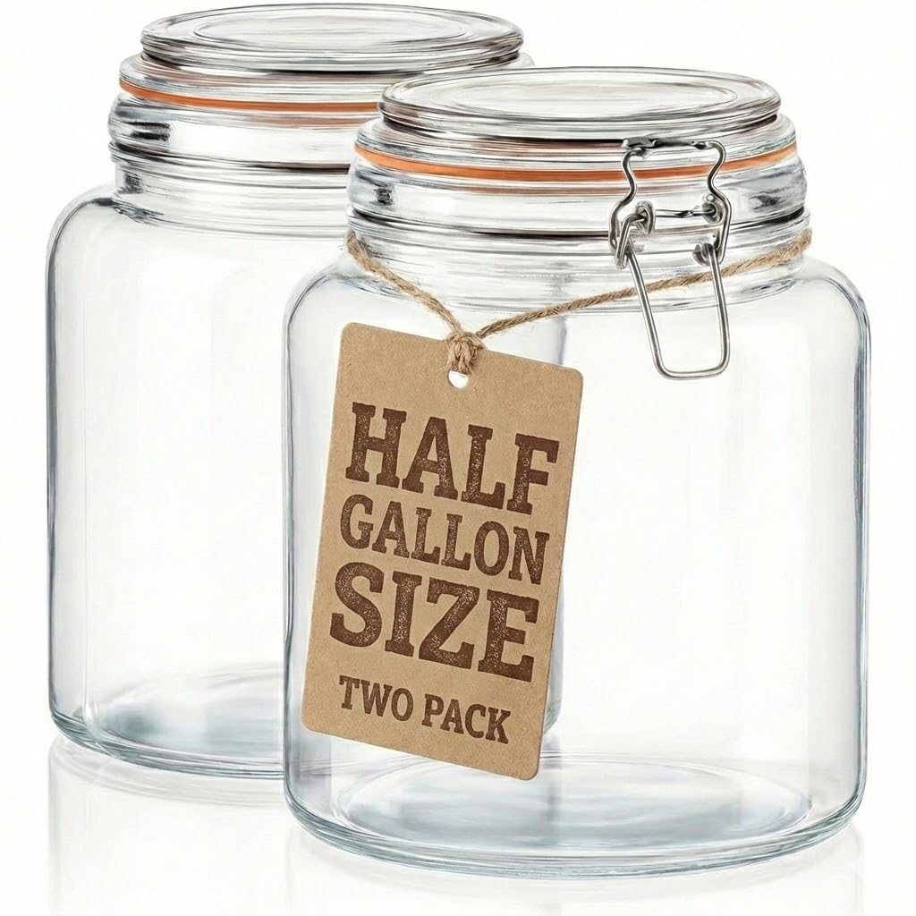 kitchentoolz Large 1 Gallon Glass Mason Jar Extra Wide-Mouth with Hinged Lids, Airtight Leakproof Glass Canning Jars, Container for Preserving, Overnight Oats - Pack of 1