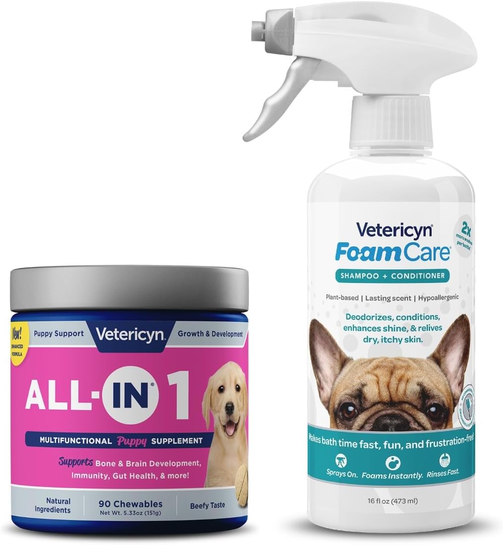 Vetericyn All-in 1 Multifunctional Puppy Supplement and FoamCare Spray-On Plant-Based Puppy Shampoo and Conditioner.