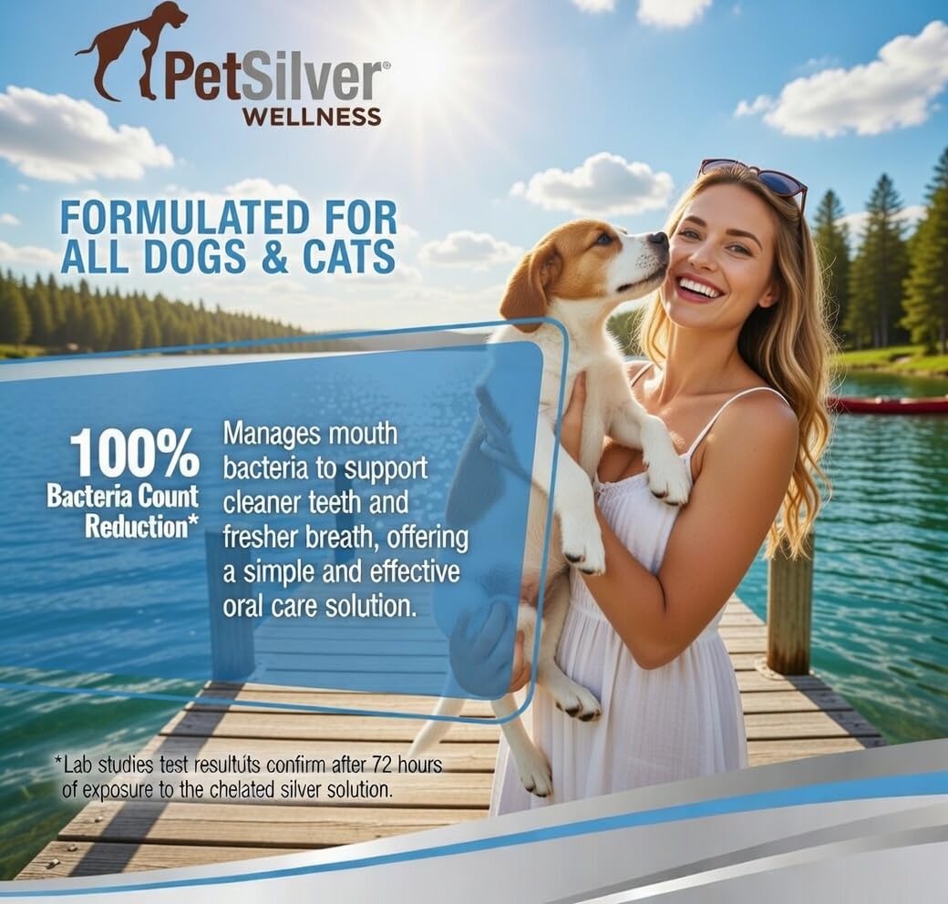 PetSilver Teeth & Gum Spray - Dog Dental & Teeth Cleaning Spray for Plaque & Tartar Build-Up Reduction - Natural Breath Freshener for Dogs and Cats - Patented Chelated Silver - Made in The USA - 4 oz