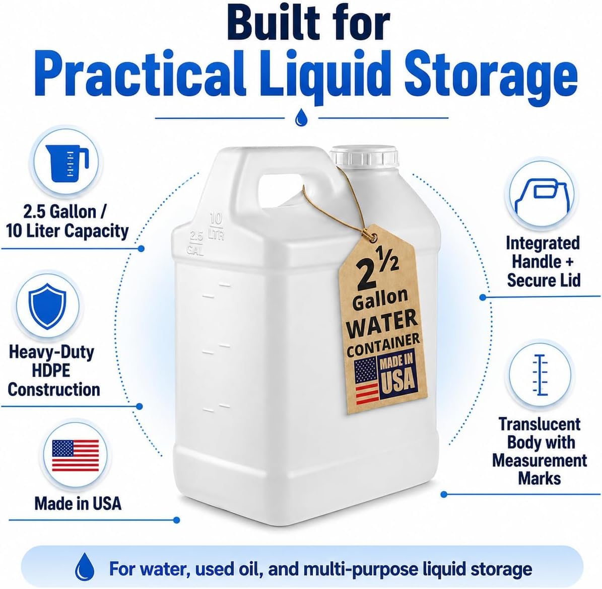 kitchentoolz 2.5 Gallon Water Jug – Water Container Heavy-Duty HDPE Carboy for Automotive Used Oil Container & Liquid Storage – 10 Liter Water Jugs with Secure Lid – Made in USA