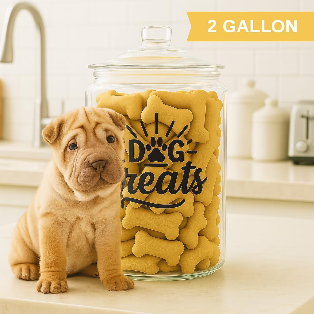 kitchentoolz 1-Gallon Glass Dog Treat Container Airtight – Large Countertop Dog Cookie Jar with Lid for Dog Treat Storage, Decorative Treat Jar & Dachshund Accessories