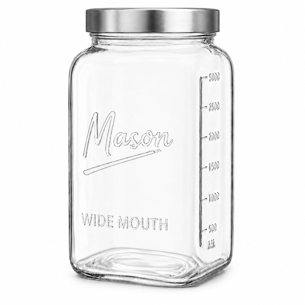 1 Gallon Glass Jars with Lids - Extra Large Mason Jars Wide Mouth with Airtight Metal Screw On Lids - Square Glass Storage Containers with Measurements for Flour, Sugar, Cookies & Pickling, 2 Pack