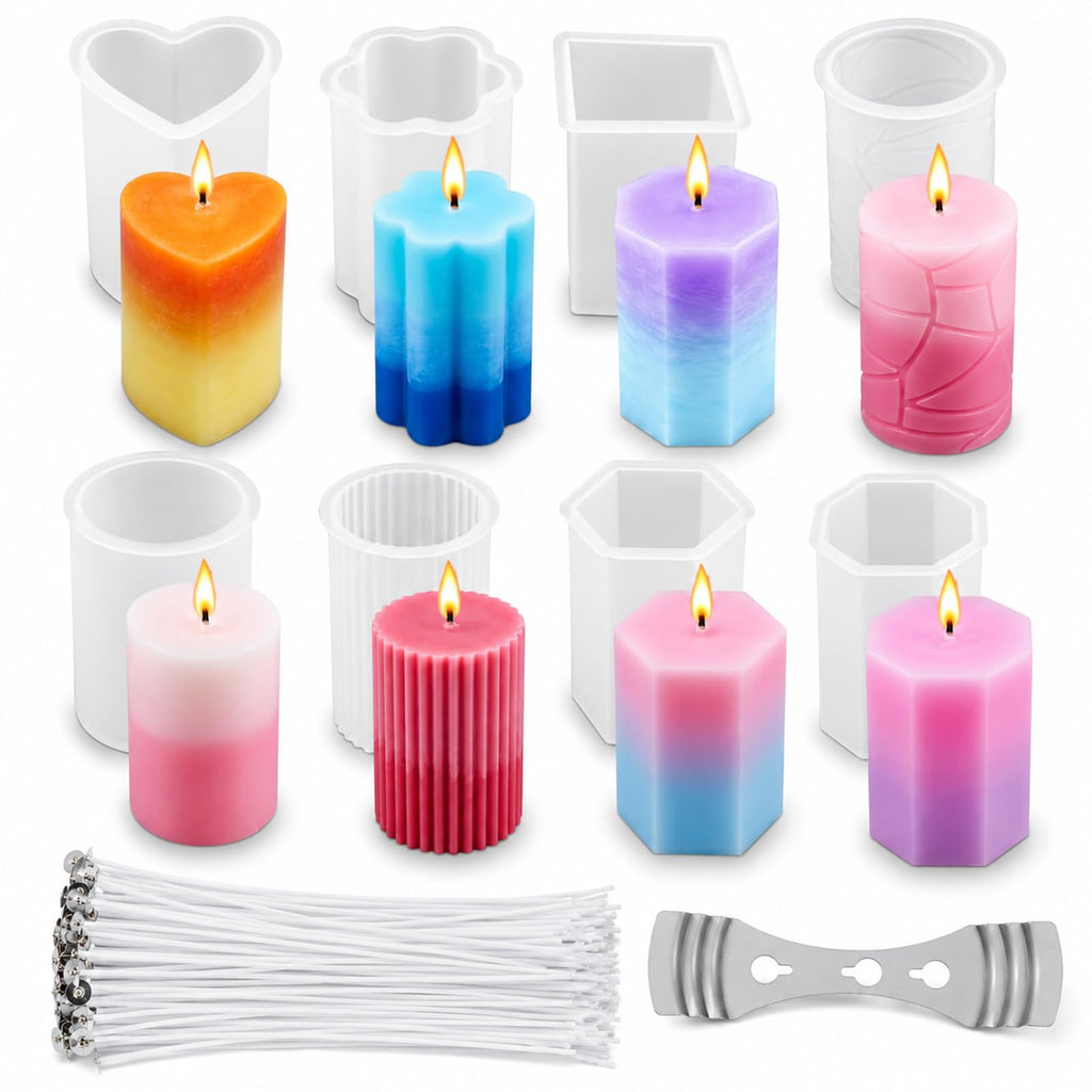 8 Piece Silicone Candle Molds, 2mm Thickened Reinforced Design, Tear-Resistant Molds for Pillar and Votive Shapes, Easy Release, Includes Cylinder, Hexagon, Heart, Moldes para Velas (8)