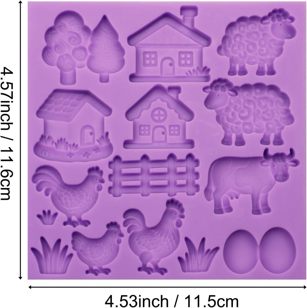 Farm Animal Silicone Mold, Lovely Cow Sheep Chicken Fondant Mold for House Design Cake Decorating Tool Biscuit Cookies Sugar Chocolate Hard Dessert Decor, 14 Cavity Baking Mold
