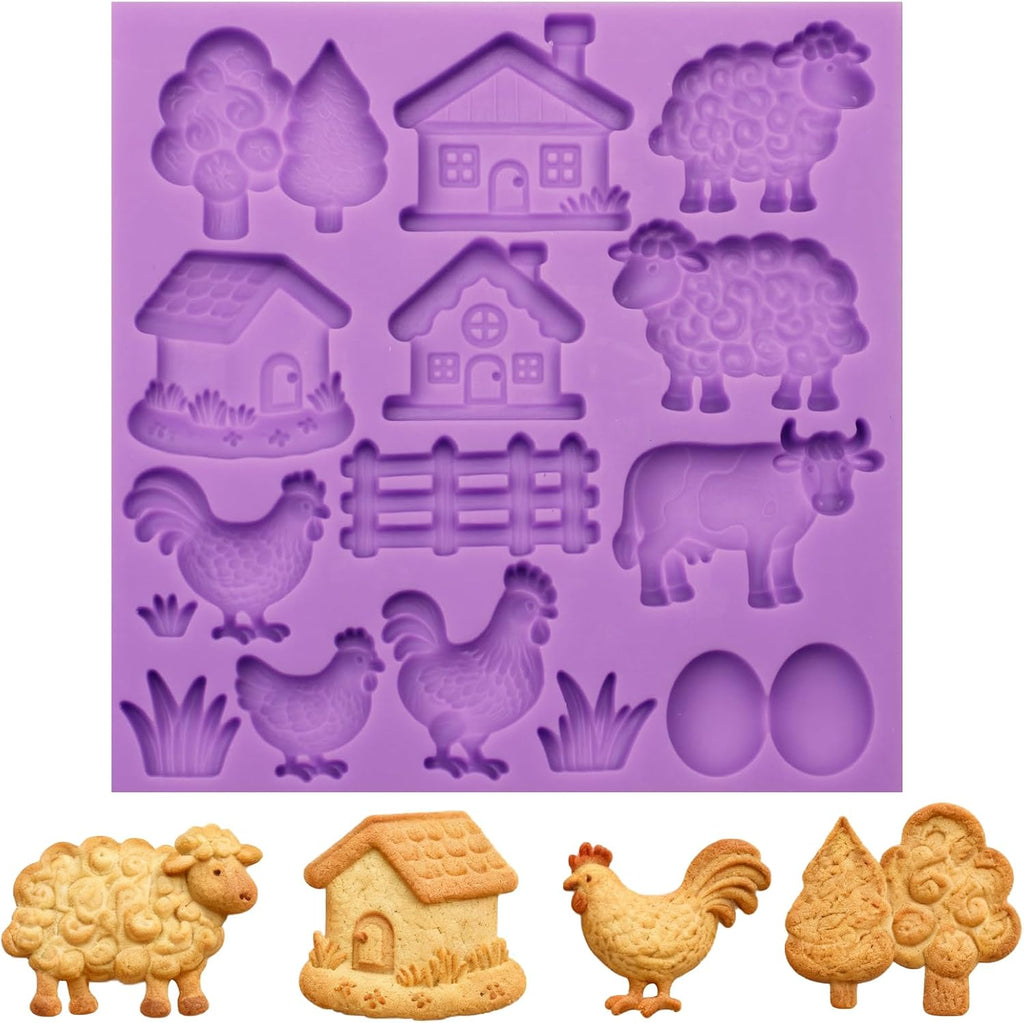 Farm Animal Silicone Mold, Lovely Cow Sheep Chicken Fondant Mold for House Design Cake Decorating Tool Biscuit Cookies Sugar Chocolate Hard Dessert Decor, 14 Cavity Baking Mold