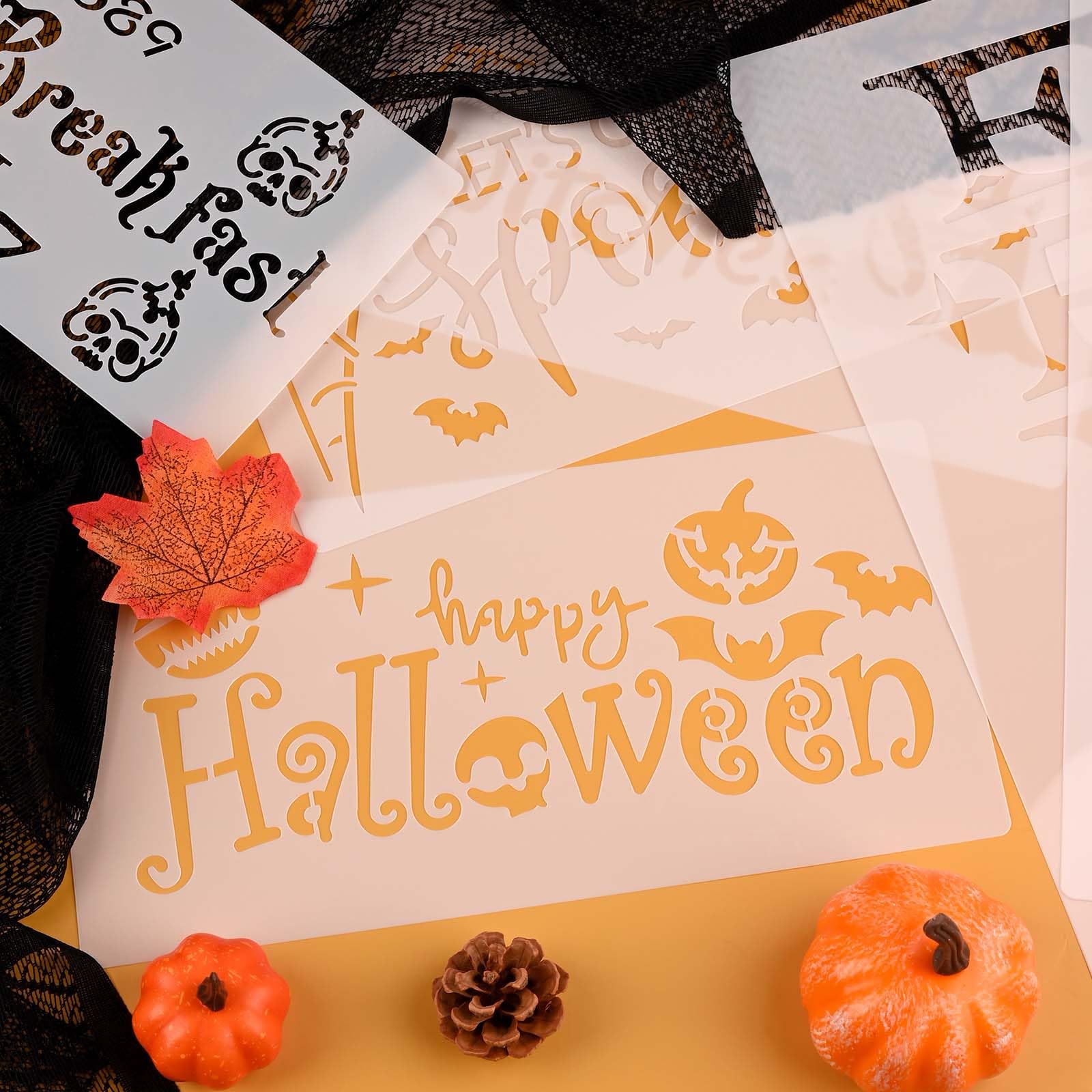 HUAKENER 9 Pcs Halloween Stencils for Painting, 12 Inch Large Round Halloween Templates, Reusable Halloween Stencils for Painting on Wood Walls Windows Doors Mats Fabric