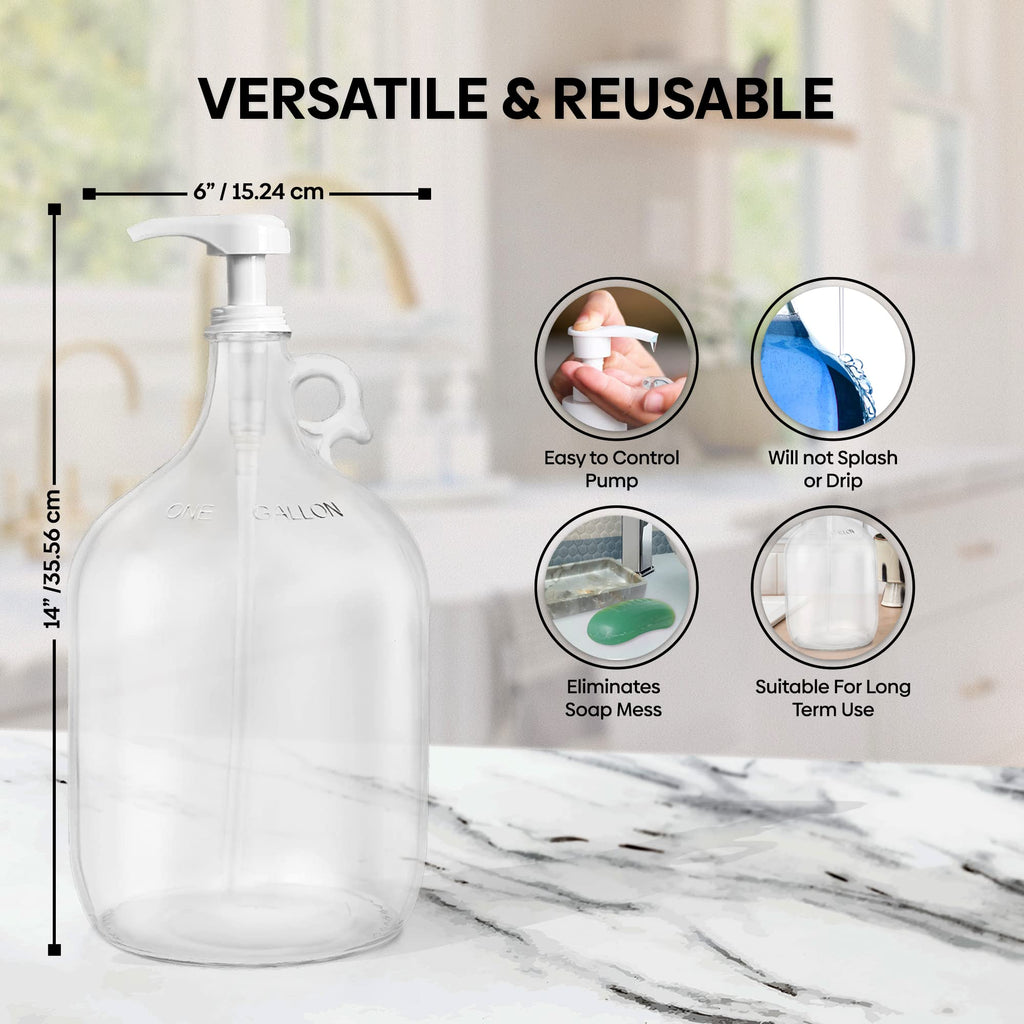 Gallon Glass Pump Dispenser Bottle, Large Jug Laundry Liquid Detergent Dispenser with Pump for Laundry Room Organization, Soap, Fabric Softener, Commercial Condiment Dispenser- 128 oz by Kitchentoolz