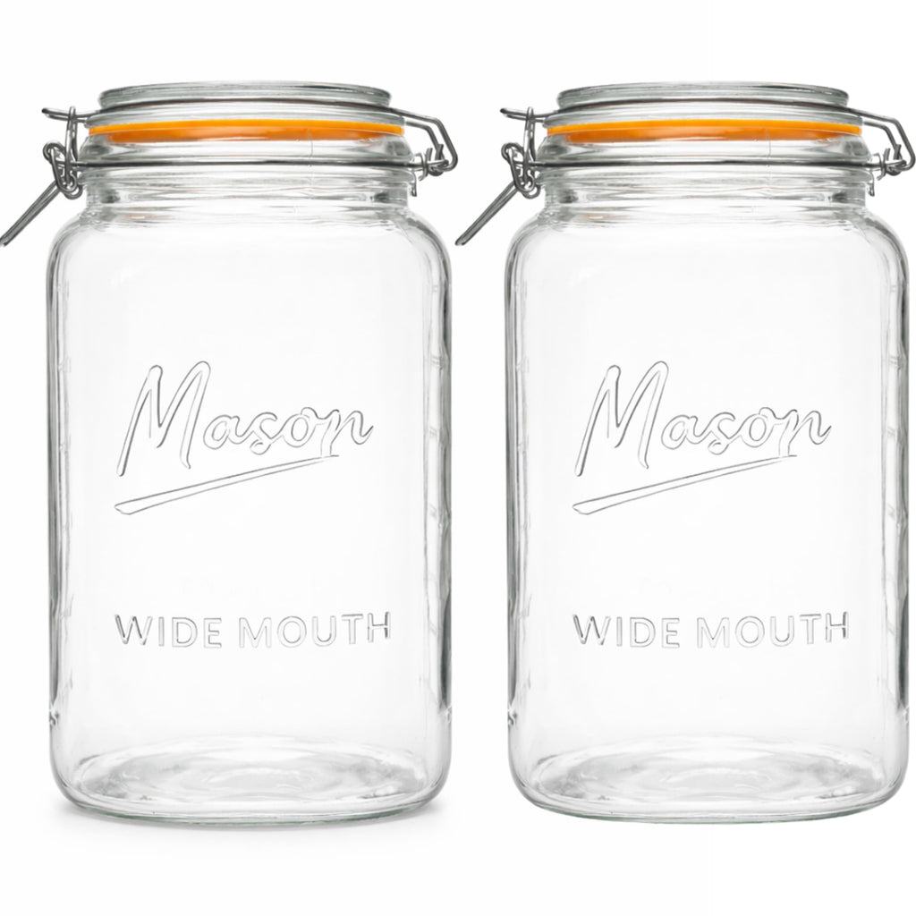 1 Gallon Glass Jars with Swing Top Lids - Extra Large Mason Jars Wide Mouth with Airtight Glass Clamp Lids - Square Glass Storage Containers with Measurements for Flour, Sugar & Pickling, 2 Pack