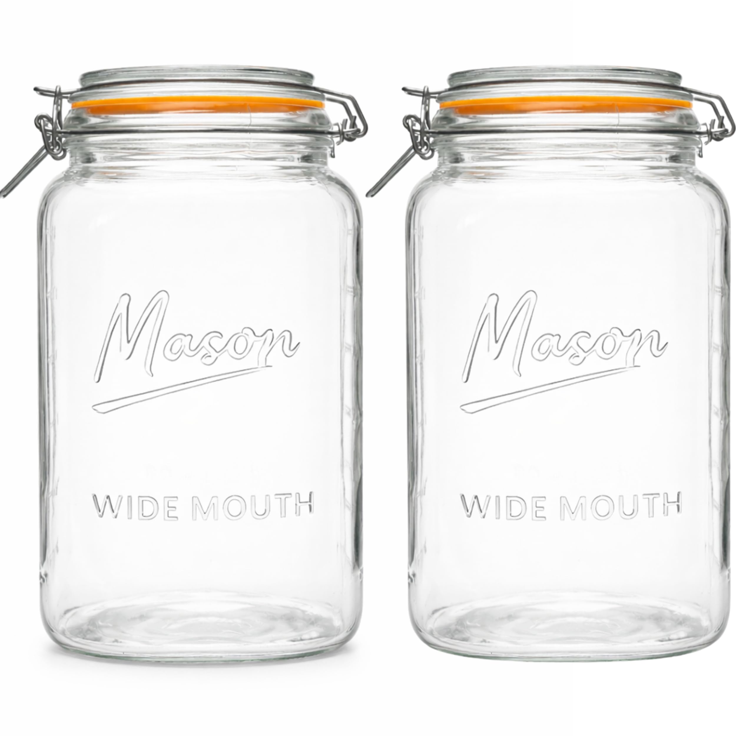 1 Gallon Glass Jars with Swing Top Lids - Extra Large Mason Jars Wide Mouth with Airtight Glass Clamp Lids - Square Glass Storage Containers with Measurements for Flour, Sugar & Pickling, 2 Pack