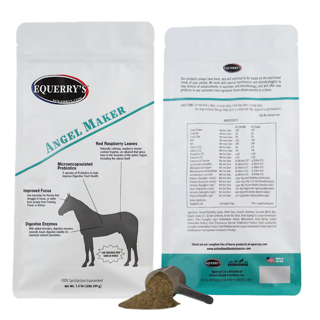 Equerry's Angel Maker, Raspberry Leaf, Microencapsulated Probiotics Supplement for Horse Ulcer Treatment & Digestive Health Calmness & Focus, 1.5lb.