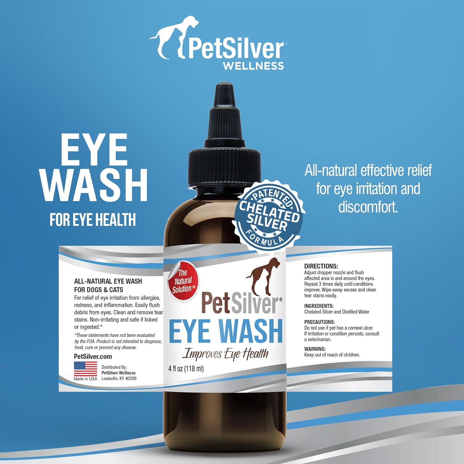PetSilver Eye Drops for Dogs and Cats - Natural Dog Eye Wash - Relief for Inflammation & Irritation - Pet Eye Cleaner and Tear Stain Remover - Patented Silver Formula - Made in the USA - 4 fl oz