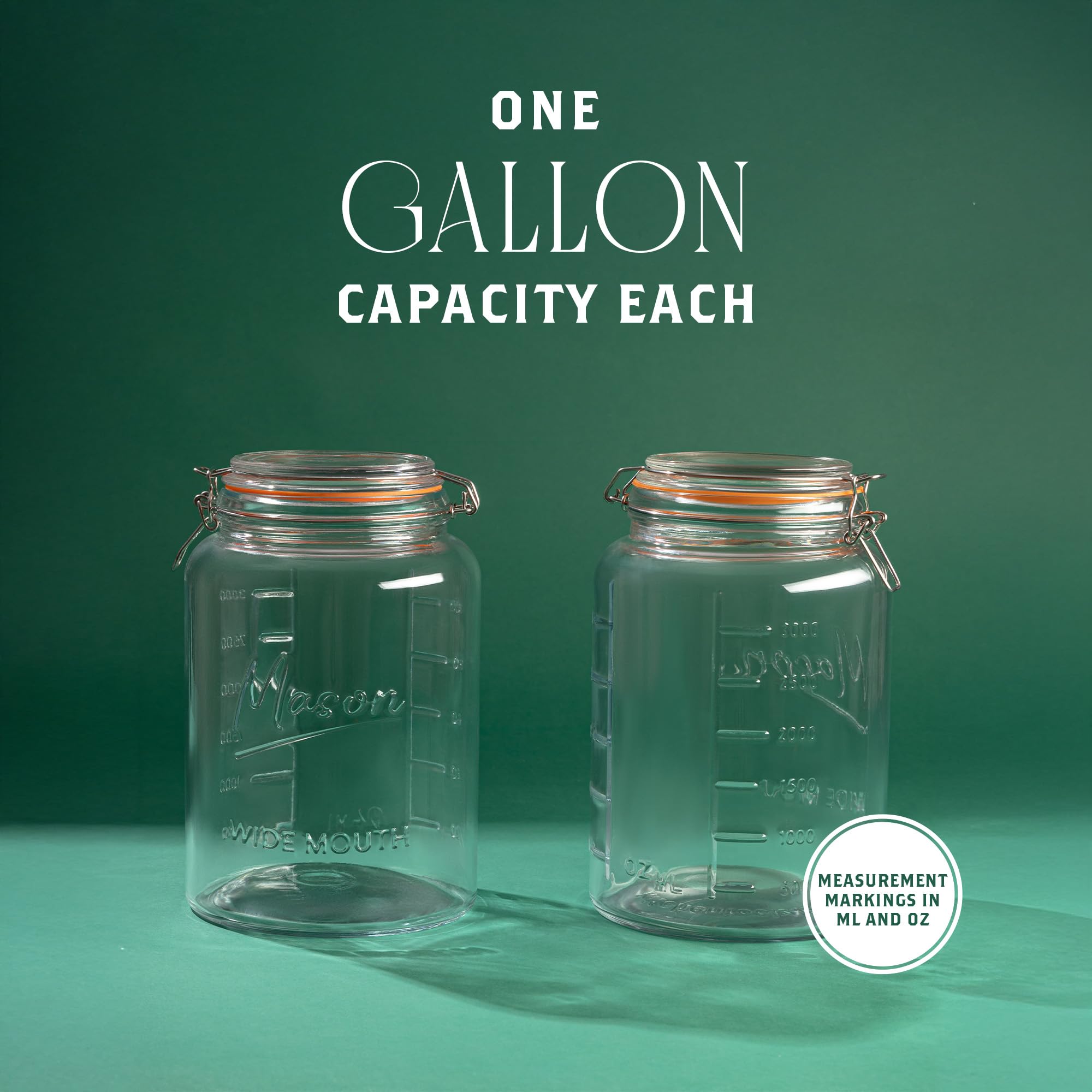 kitchentoolz 1 Gallon Glass Jar with Hinged Clamp-Top Lid – Premium Locking Mason Jar – Airtight Rubber Gasket, Wide Mouth – For Canning, Pickling, Fermenting – Measurement Markings – 1 Pack