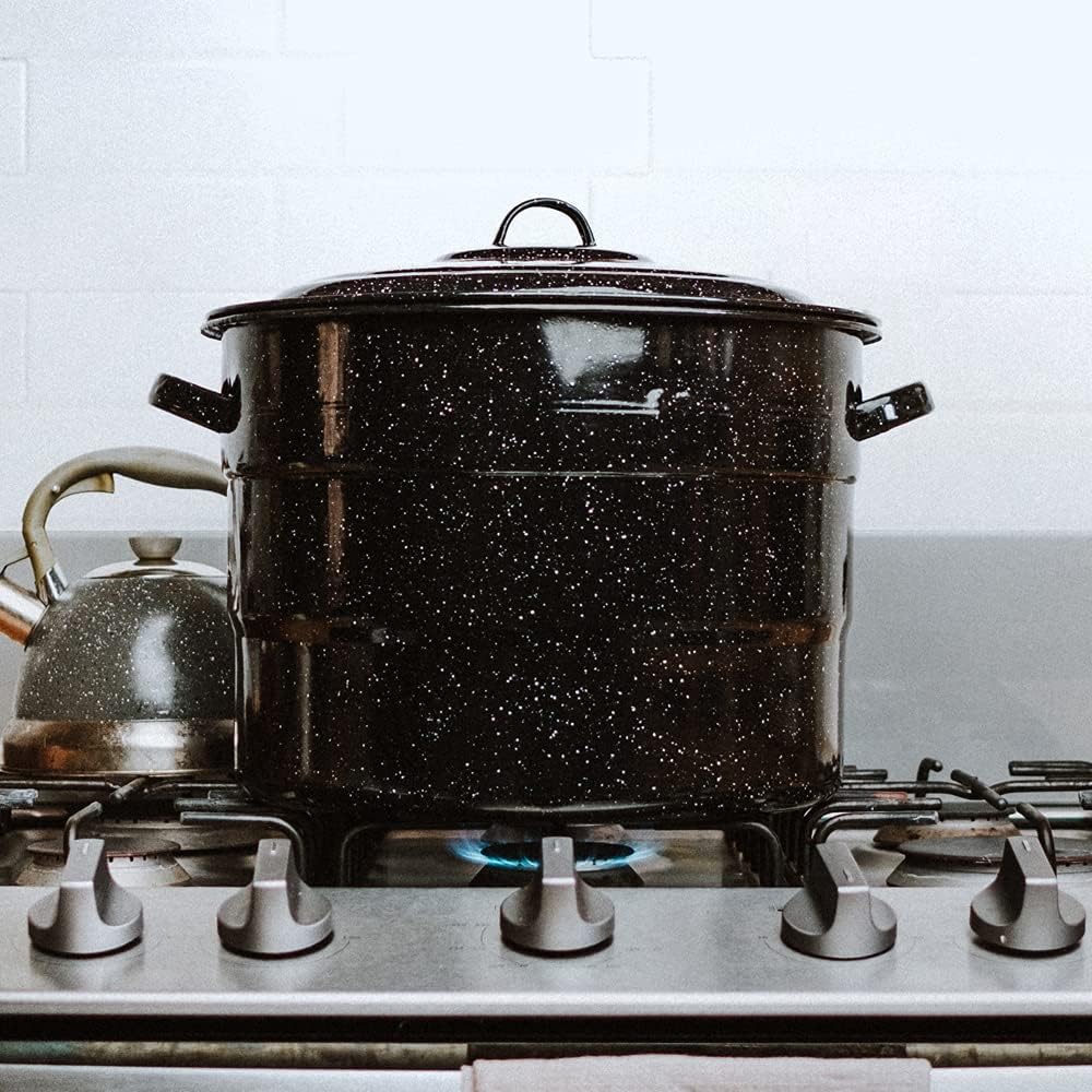Granite Ware Canning Pot with Rack & Lid - 21 Quart Large Boiling Water Canning Set for Jar Sterilization & Pickling on Stove/Open Flame – Scratch-Resistant Porcelain Enamel & Steel Core (Black)