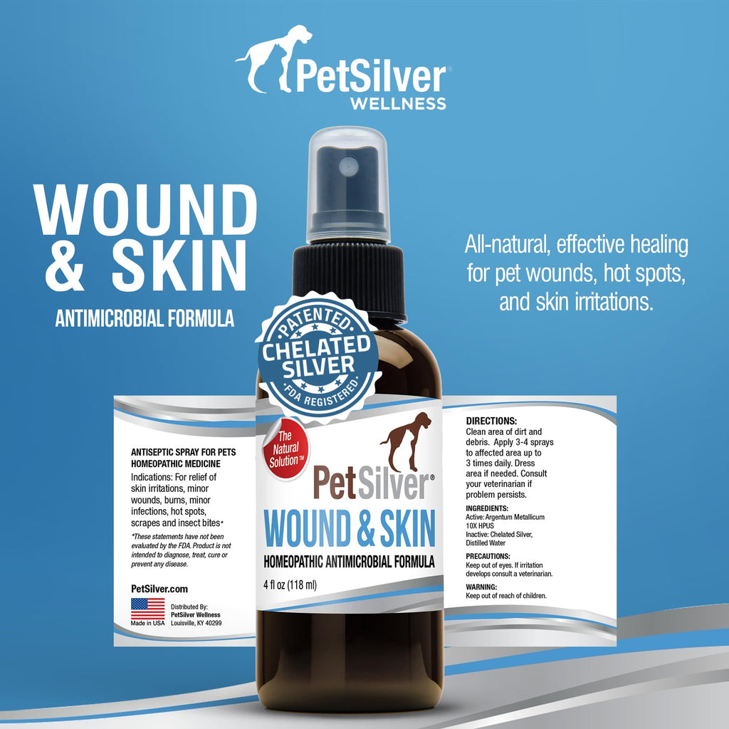 PetSilver Antibacterial Wound & Skin Spray | Dog Hot Spot Treatment & Cat Wound Spray | Chelated Silver Skin Soother for Rashes & Sores | Dog Wound Care & Itch Spray - 4 fl oz
