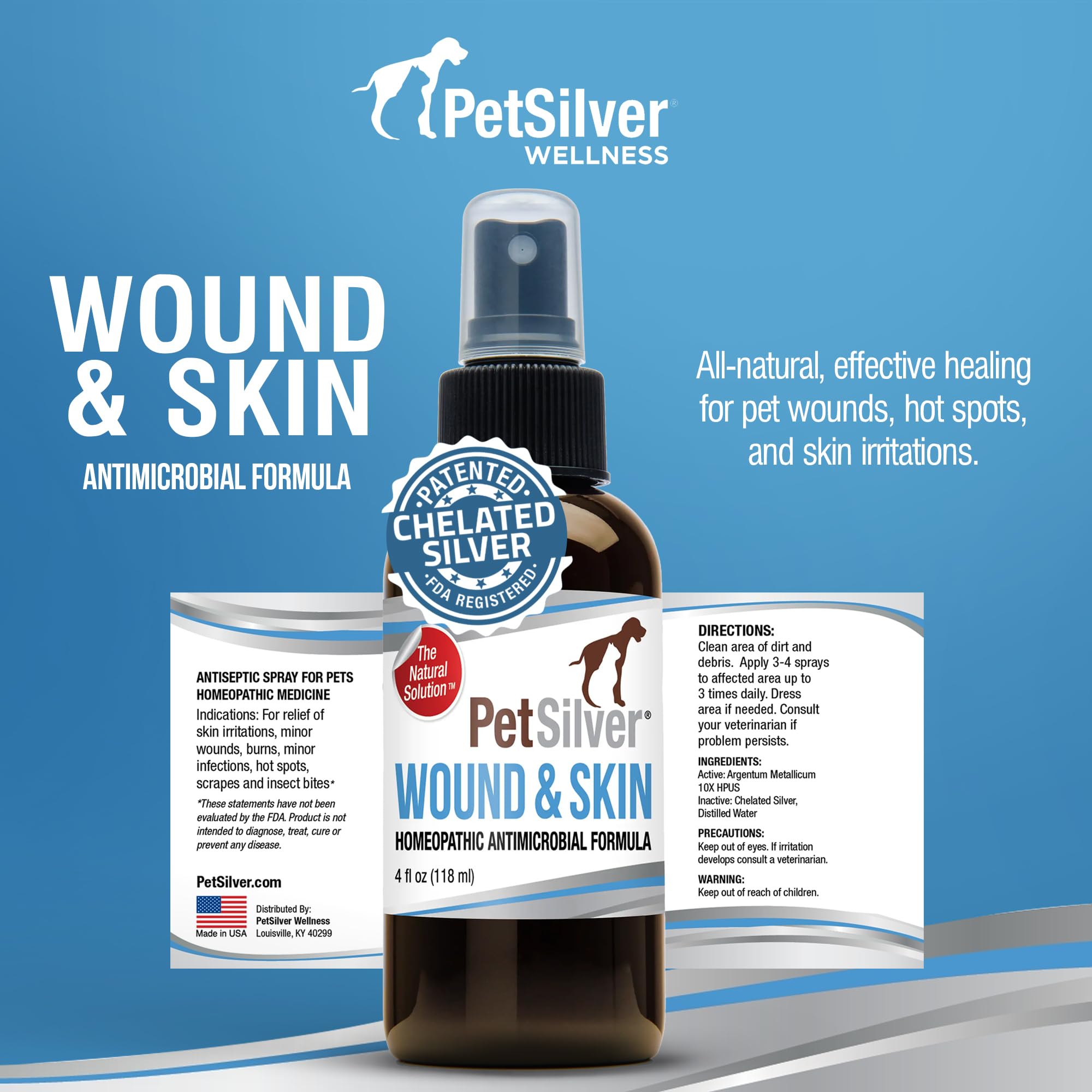 PetSilver Antibacterial Wound & Skin Spray | Dog Hot Spot Treatment & Cat Wound Spray | Chelated Silver Skin Soother for Rashes & Sores | Dog Wound Care & Itch Spray - 4 fl oz