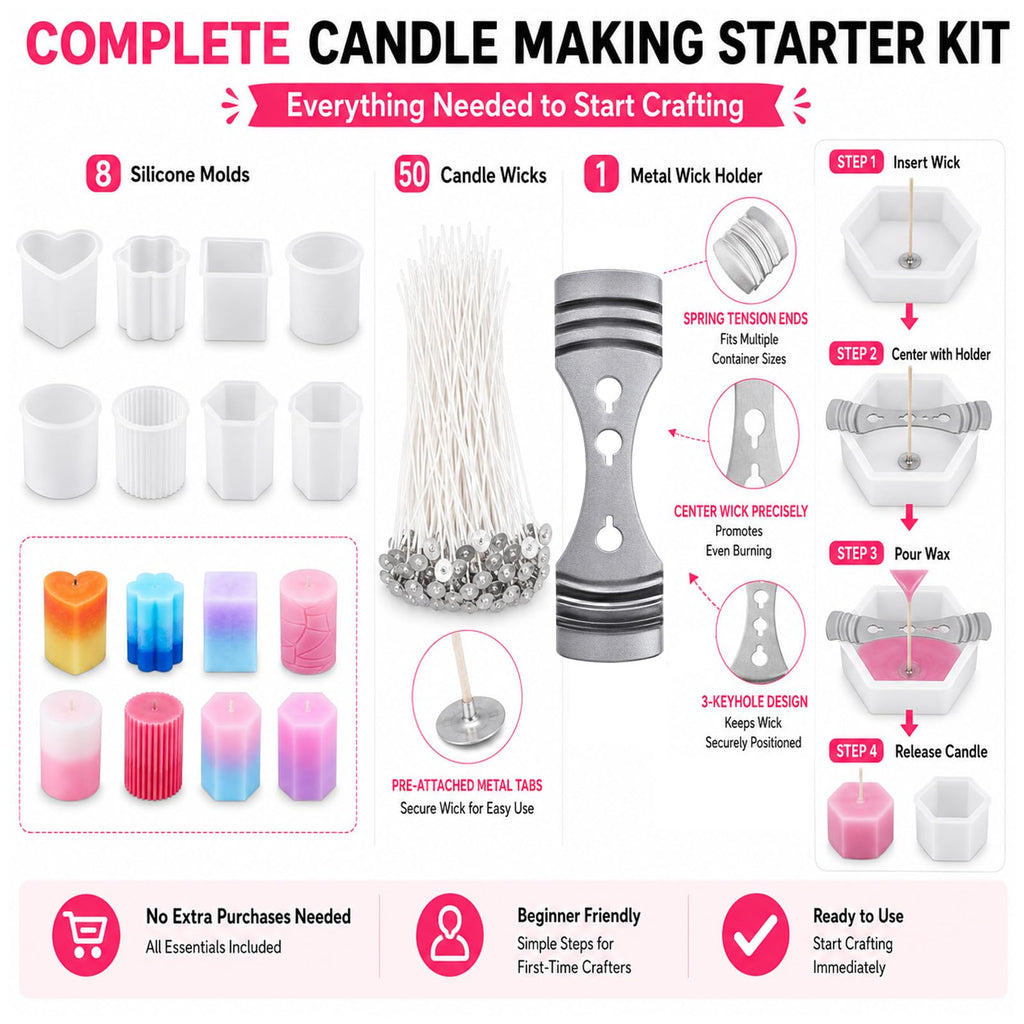 8 Piece Silicone Candle Molds, 2mm Thickened Reinforced Design, Tear-Resistant Molds for Pillar and Votive Shapes, Easy Release, Includes Cylinder, Hexagon, Heart, Moldes para Velas (8)
