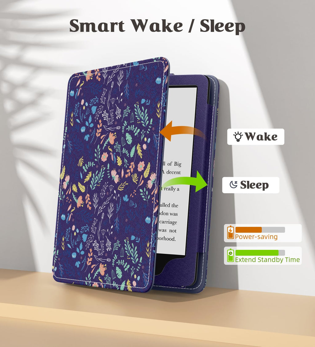MoKo Case for 7"/6.8" Kindle Paperwhite(12th/11th Generation-2024/2021) and Kindle Colorsoft Signature Edition, Slim PU Shell Cover Case with Auto-Wake/Sleep for Kindle Paperwhite 2024, Flowers