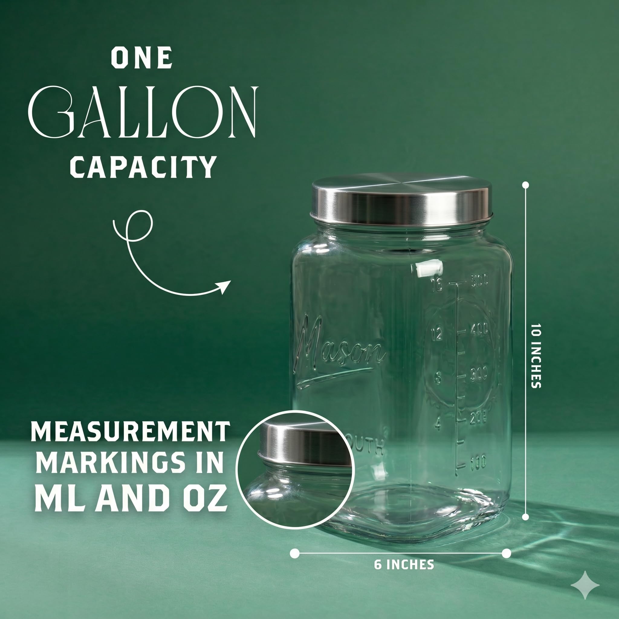 1 Gallon Glass Jars with Lids - Extra Large Mason Jars Wide Mouth with Airtight Metal Screw On Lids - Square Glass Storage Containers with Measurements for Flour, Sugar, Cookies & Pickling, 2 Pack