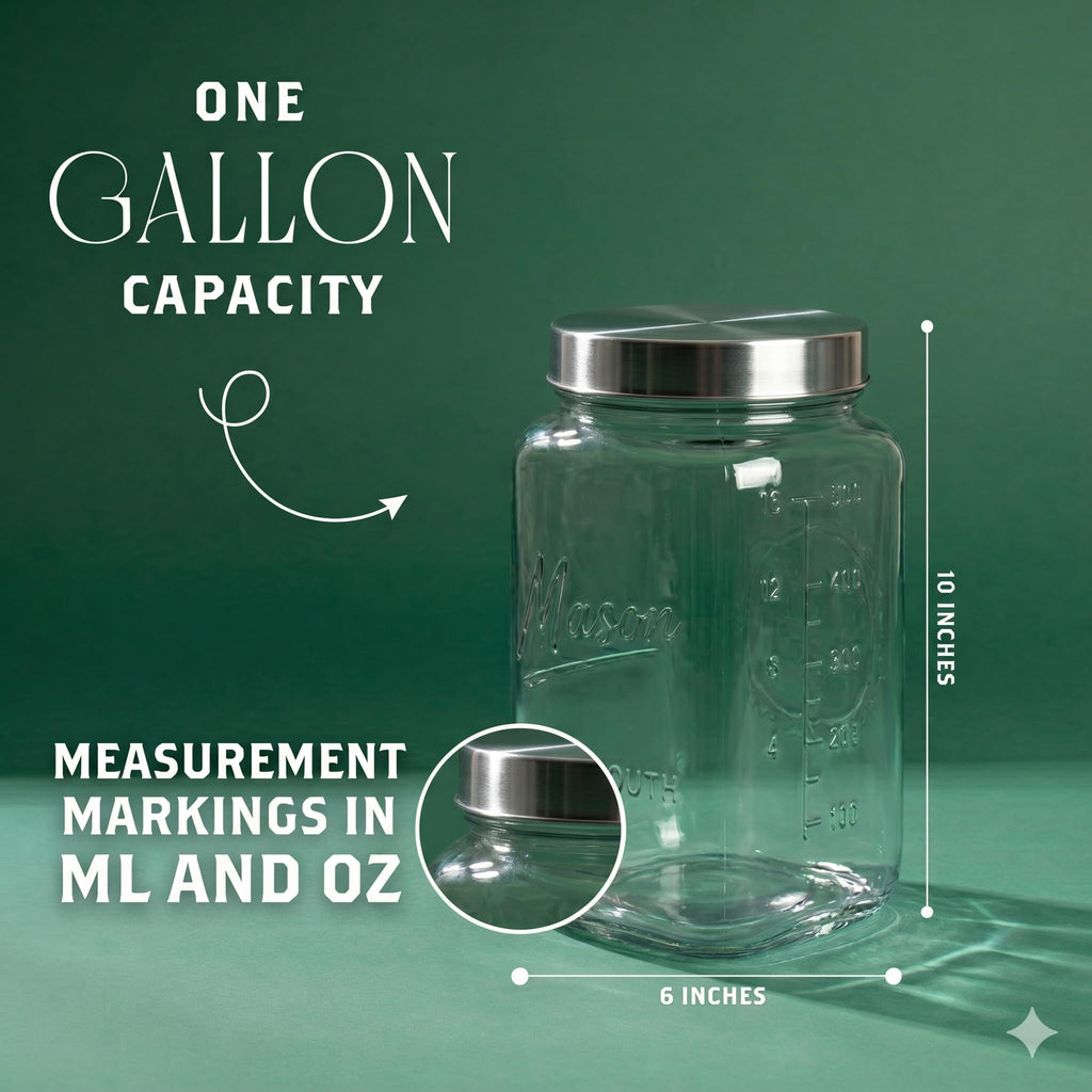 1 Gallon Glass Jars with Lids - Extra Large Mason Jars Wide Mouth with Airtight Metal Screw On Lids - Square Glass Storage Containers with Measurements for Flour, Sugar, Cookies & Pickling, 2 Pack