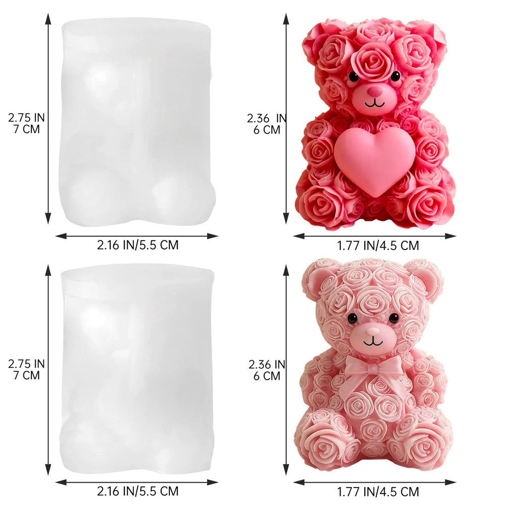 2PCS 3D Rose Bear Wax Candle Mold,Teddy Bear Candle Making Molds,Cute Epoxy Resin Molds,Ornament for DIY Wax Candles Art Craft Cake Chocolate Soap Mold Home Decor Valentine Gifts Birthday Gift