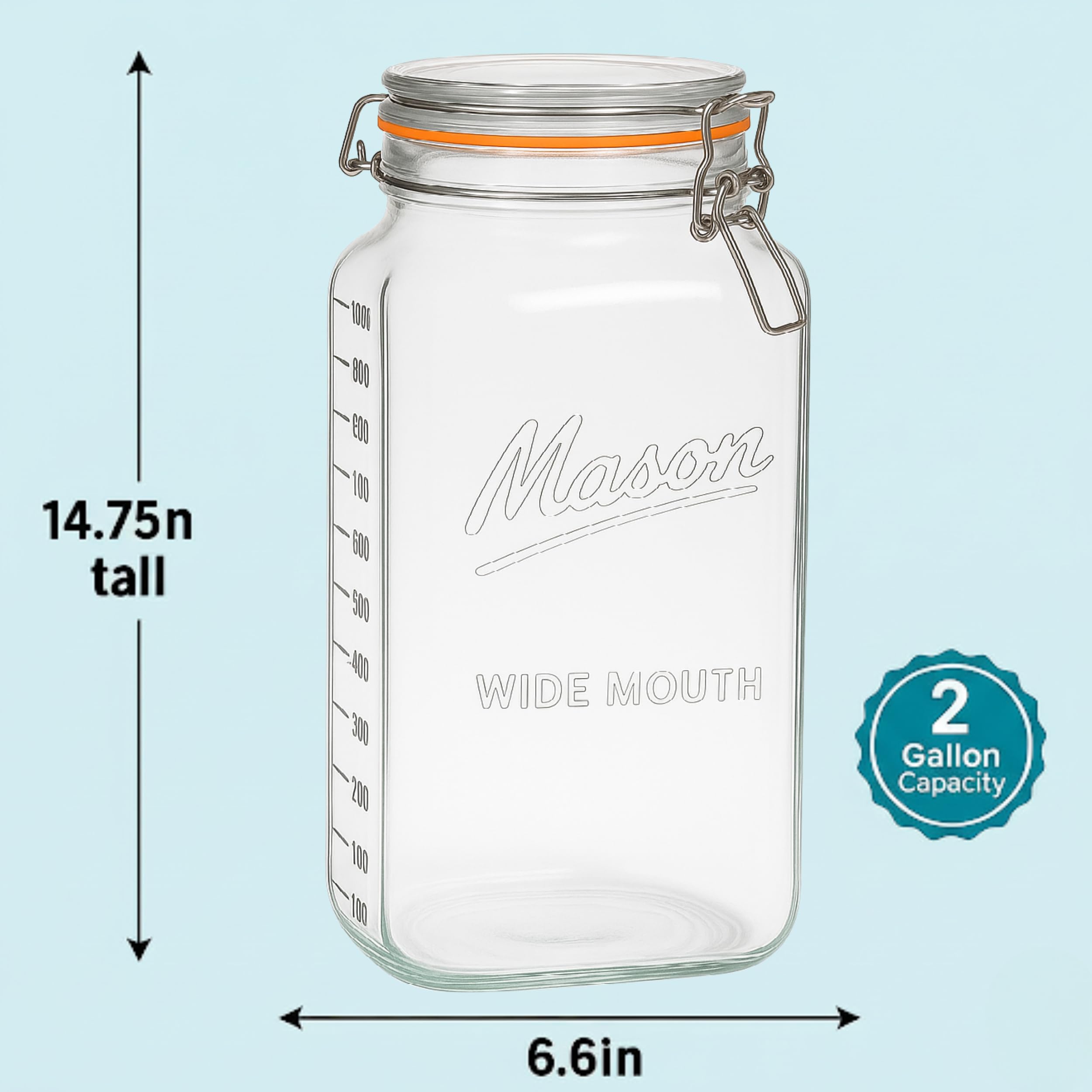 kitchentoolz 2 Gallon Large Glass Mason Jar with Airtight Lid- Extra Wide Mouth - Big Fermentation & Canning Container - Jumbo Storage - Pack of 1