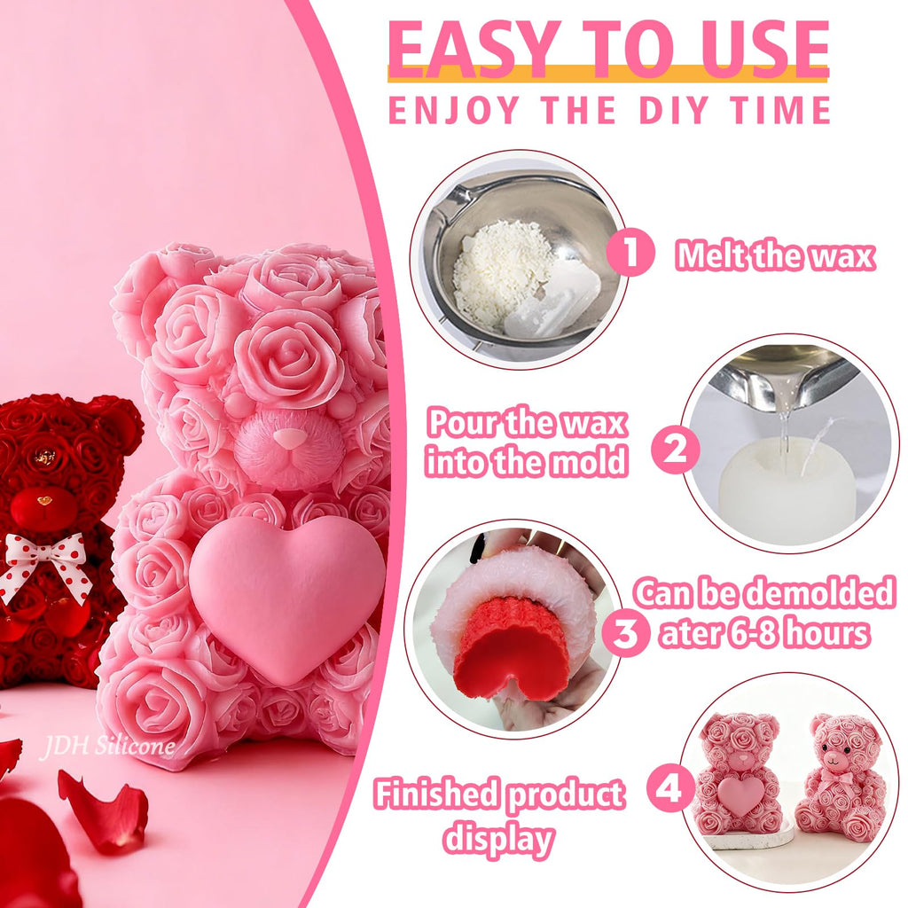 2PCS 3D Rose Bear Wax Candle Mold,Teddy Bear Candle Making Molds,Cute Epoxy Resin Molds,Ornament for DIY Wax Candles Art Craft Cake Chocolate Soap Mold Home Decor Valentine Gifts Birthday Gift