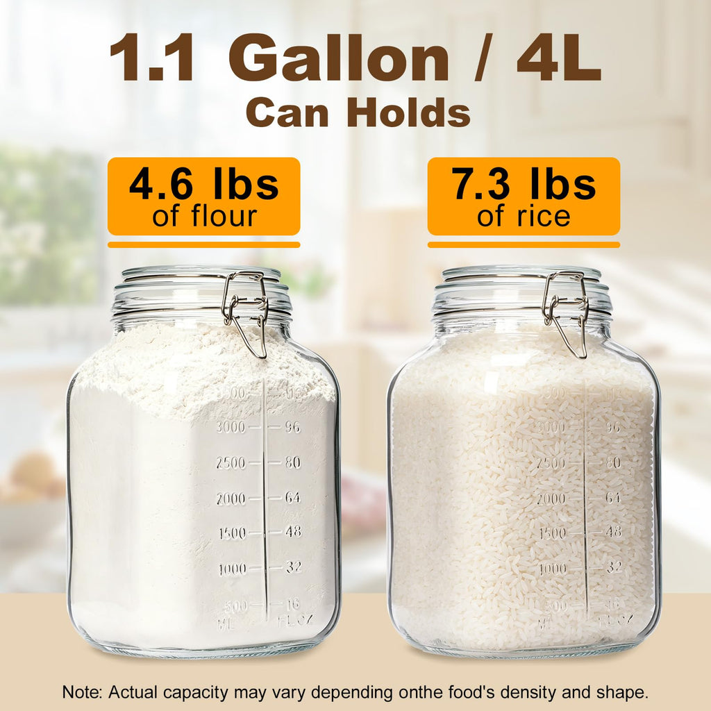 2 Pack 1.1 Gallon Square Super Wide Mouth, Airtight Glass Storage Jars, with Measurement Marks, Leak-Proof Lids for Kitchen Pantry, Canning, Dry Food (Flour, Sugar) & Drinks