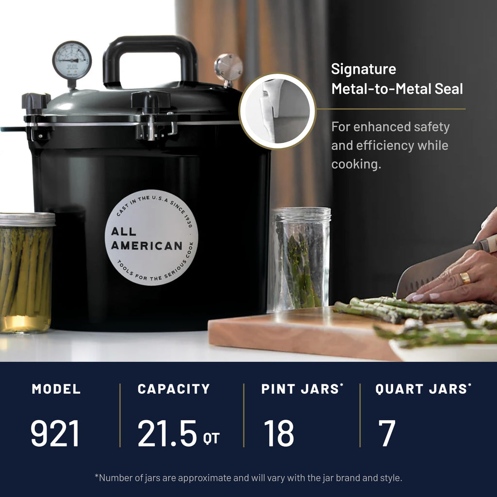 All American 1930: 21.5qt Pressure Cooker/Canner (The 921) - Exclusive Metal-to-Metal Sealing System - Easy to Open & Close - Suitable for Gas, Electric, or Flat Top Stoves - Made in the USA