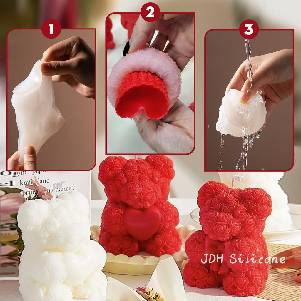 2PCS 3D Rose Bear Wax Candle Mold,Teddy Bear Candle Making Molds,Cute Epoxy Resin Molds,Ornament for DIY Wax Candles Art Craft Cake Chocolate Soap Mold Home Decor Valentine Gifts Birthday Gift