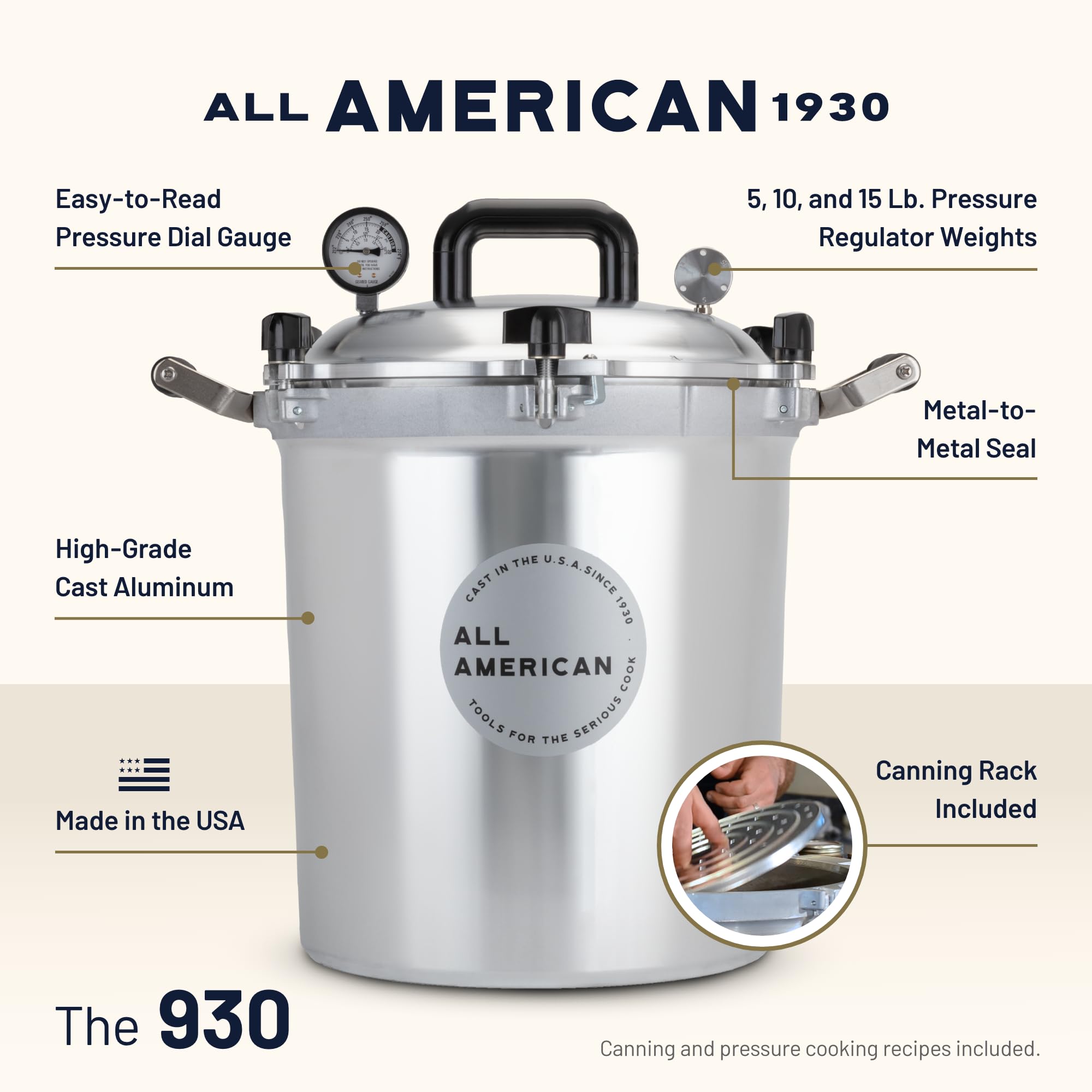 All American 1930: 21.5qt Pressure Cooker/Canner (The 921) - Exclusive Metal-to-Metal Sealing System - Easy to Open & Close - Suitable for Gas, Electric, or Flat Top Stoves - Made in the USA