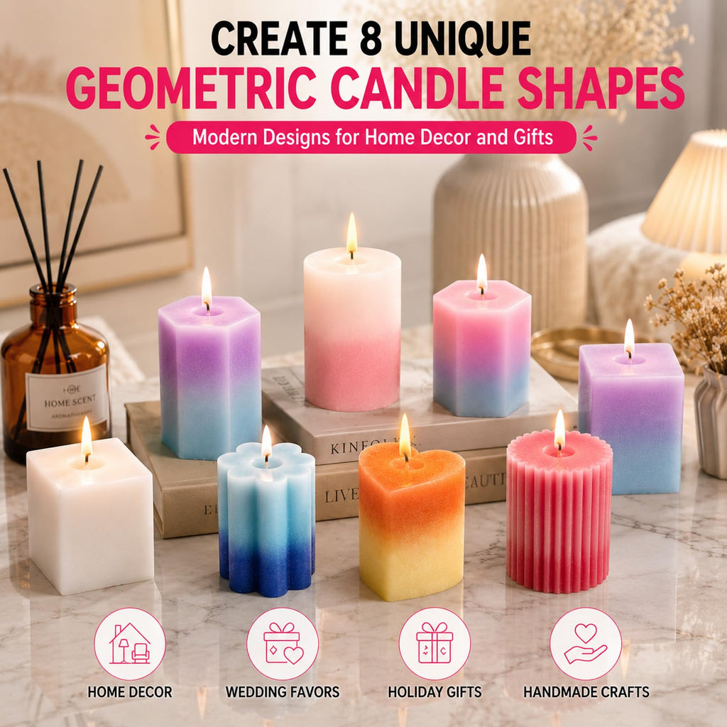 8 Piece Silicone Candle Molds, 2mm Thickened Reinforced Design, Tear-Resistant Molds for Pillar and Votive Shapes, Easy Release, Includes Cylinder, Hexagon, Heart, Moldes para Velas (8)
