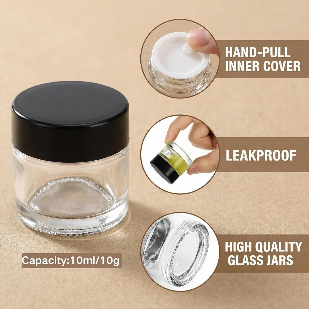 Coloch 70 Pack 10ml Mini Glass Sample Jar with Airtight Lid, 10 Gram Glass Cosmetics Jar Clear Round Lip Balm Container for Cosmetics, Lotion, Cream, Samples, Skincare, Travelling, Retail Store